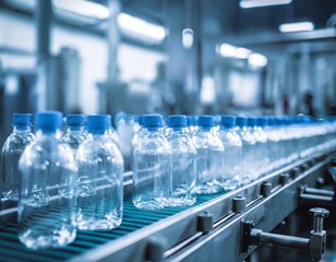 Close-up of Clear Plastic Bottles on a Conveyor Belt in a Factory Setting