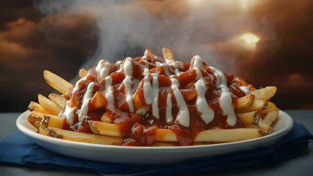 Steaming Hot Poutine Delicious French Fries with Cheese Curds and Gravy
