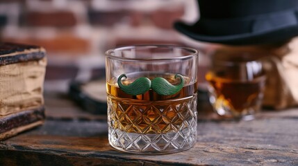 A clear glass with a rounded shape contains amber-colored liquid, adorned with a bright green felt mustache placed across the upper rim.