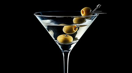 A close-up of a martini glass filled with clear liquid, featuring three green olives garnished with a toothpick.