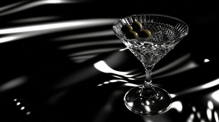 A close-up of a martini glass filled with clear liquid, featuring two green olives with pimentos floating inside.