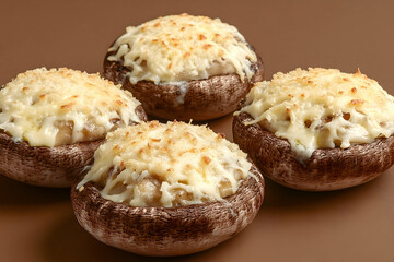 Four stuffed mushrooms, cheesy filling, close-up view.