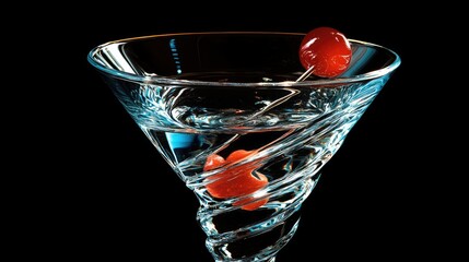 A close-up view of a cocktail in a stylish martini glass, featuring amber-colored liquid with a glossy surface.