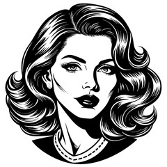 Portrait of a glamorous fashion model with long black hair, expressive eyes, and stylish makeup, a beautiful vector art illustration