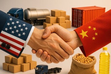 Commercial photo of US-China handshake with mid-aged Asian and Caucasian men, wearing flag sleeves, symbolizing economic cooperation, with trade-related goods like soybeans and shipping containers in 