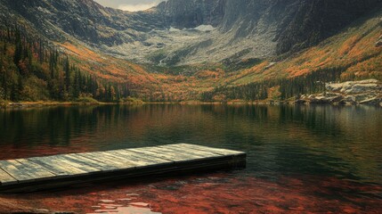 A serene landscape featuring a calm lake surrounded by majestic mountains.