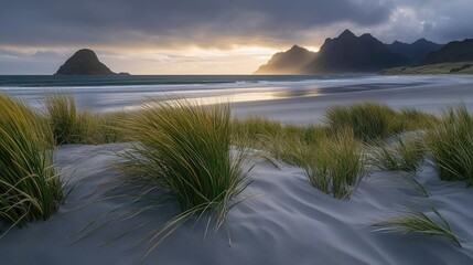 A serene beach scene at sunset, featuring gentle waves lapping against the shore.