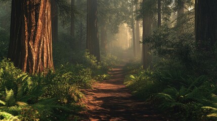 A serene forest pathway winds through towering redwood trees, illuminated by soft sunlight filtering through the leaves.