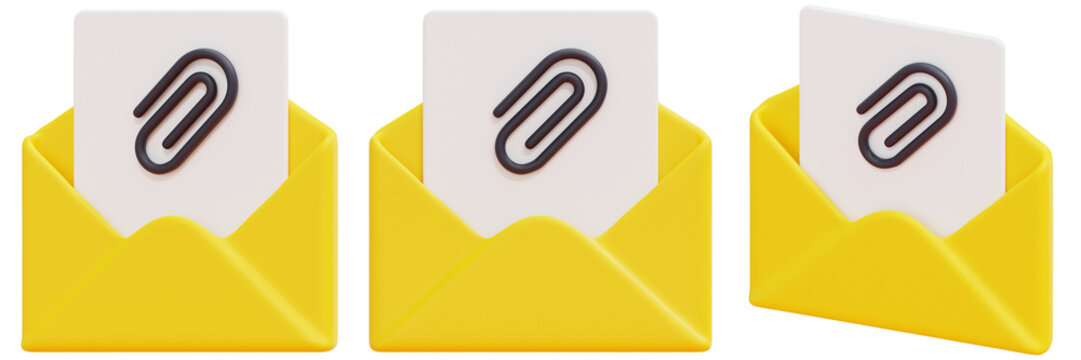 Set of Yellow Envelopes with Paperclip Icons 3d Render Icon Illustration