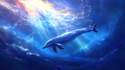 Naklejka premium Graceful dolphins swimming underwater with sunlight streaming through ocean surface in blue water landscape. [Seraphic Depths] | Deep Benediction | submerged blessing. Illustration