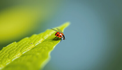 Close up of ladybug on green leaf with blurred background, showcasing insect vibrant red and black colors and delicate wings, evoking sense of nature and tranquility