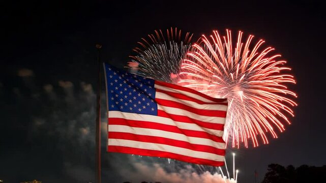 Happy 4th of July, Independence Day, Watching Fireworks Display Behind a National Flag at Night