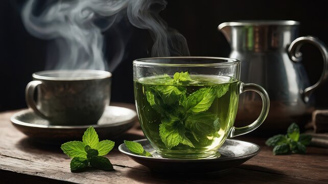 A clear cup filled with mint tea sits next to a steaming cup and a metal pitcher on wood table