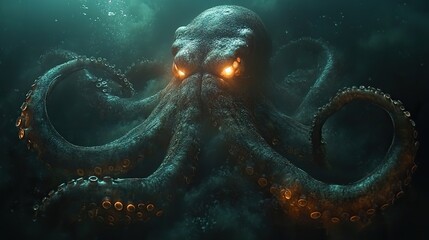 A colossal giant squid with massive tentacles swimming in the deep, dark ocean, its eyes glowing eerily in the darkness