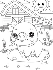 Chibi Pig Coloring Page Farm Outline Vector