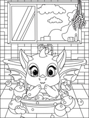 Dragon In Bathtub Coloring Page Printable Line Art Vector