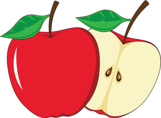 Red Apple Cartoon Fruit Full And Half Cut Vector