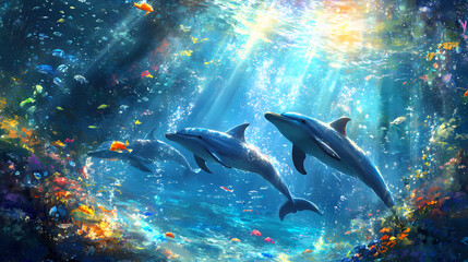 Obraz premium Graceful dolphins swimming underwater with sunlight streaming through ocean surface in blue water landscape. [Seraphic Depths] | Deep Benediction | submerged blessing. Illustration
