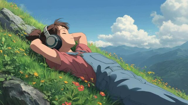 Anime girl relaxing in nature with lo-fi music on headphones and beautiful mountains