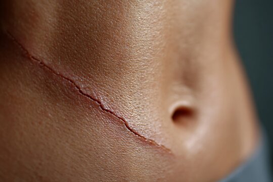 Close up of a healed surgical scar on an adult abdomen with natural skin texture and subtle lighting