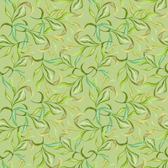 Abstract green leaf Seamless Pattern. Repeated Ornament Evergreen Variegated Plant with Exotic Flowers. Botanical Watercolor Print. Watercolor hand drawn
