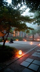 Calm meditation in a serene garden at dusk under soft lantern light