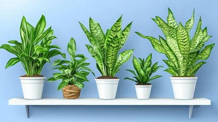 Obraz premium Collection of Indoor Plants Arranged on a Shelf Against a Soft Blue Background in Bright Natural Light