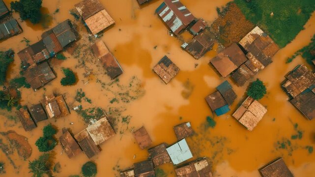 Aerial view of flooded houses and muddy waters Disaster relief and environmental impact