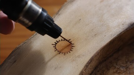 A wood carving tool creating a decorative hole.