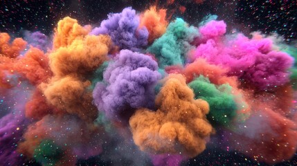 Obraz premium Colorful Smoke and Cloud Explosion in a Cosmic Space Background with Glitter Effects and Vibrant Texture