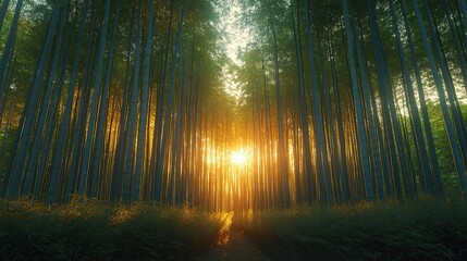 A dense bamboo forest with sunlight filtering through the tall stalks, creating a sense of tranquility and natural beauty