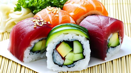 Assorted fresh sushi rolls with tuna, salmon, cucumber, and avocado served on a white plate with garnish
