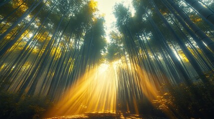 A dense bamboo forest with sunlight filtering through the tall stalks, creating patterns of light and shadow on the ground, a peaceful and serene natural environment