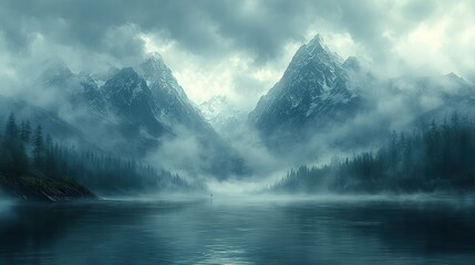 Fototapeta premium A dense fog rolls through a valley at dawn, partially obscuring the towering peaks of distant, snow-capped mountains