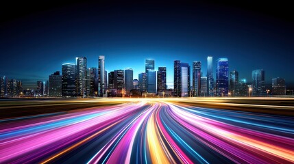 Fototapeta premium Vibrant Night View of Skyscrapers with Light Trails in Urban Cityscape at Dusk
