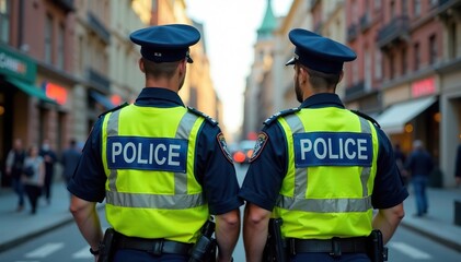 Two police officers in uniform standing on a city street , professionalism, order