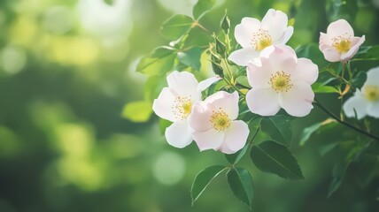 Delicate Pink Rose Blossoms on Lush Green Background in Soft Natural Light
