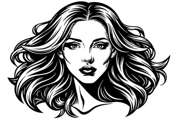 Beautiful vector illustration of a long-haired woman's face with glamorous makeup and stylish silhouette