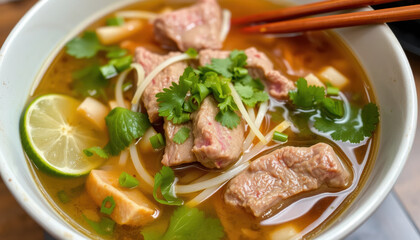 Bowl of Vietnamese beef noodle soup garnished with fresh herbs and lime, featuring tender beef slices and rice noodles in flavorful broth, evoking comforting and aromatic meal