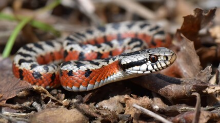 Obraz premium Close-up view of a colorful snake in natural habitat.