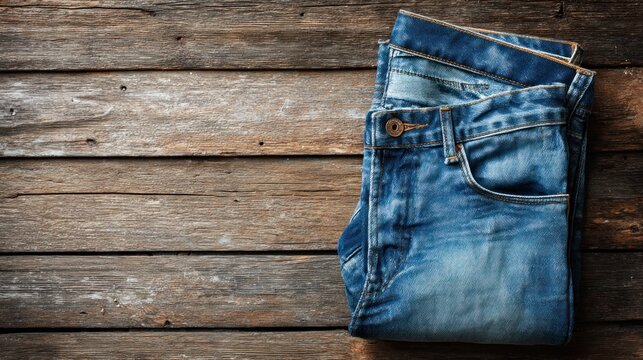 Folded denim jeans on rustic wooden planks - Powered by Adobe
