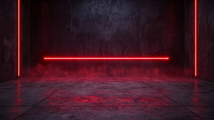 A modern dark room has red neon lights creating an atmospheric and mysterious vibe inside now.