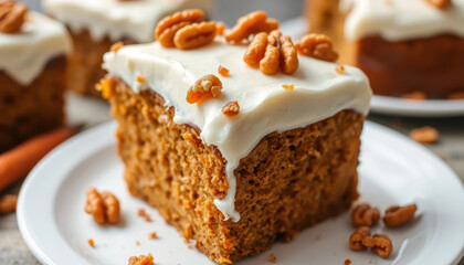 Slice of moist carrot cake topped with cream cheese frosting and sprinkled with chopped walnuts, served on white plate, with more cake slices in background, evoking cozy dessert setting