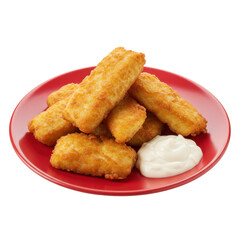 Crispy golden fish sticks served on a vibrant red plate with creamy dipping sauce