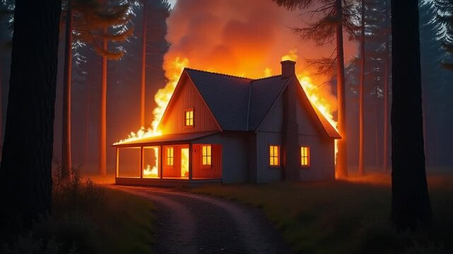 A house in the middle of a forest on fire