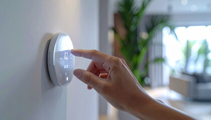 Smart Home Automation: An individual interacts with a sleek, modern thermostat to adjust the indoor climate. This image is the epitome of technological harmony and the ease of digital connectivity.