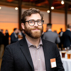 Fototapeta premium A bearded man with glasses smiles at a networking event in a warmly lit modern space.