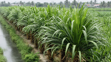 serene photograph of fields of sugarcane growing tall along a river in rural india under a clear sky, conveying the scale of agriculture,