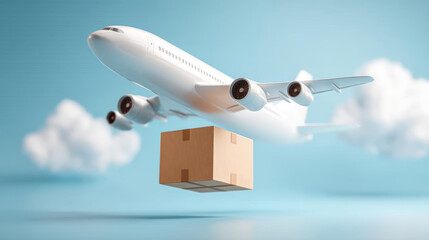 Airplane flying with cardboard box, symbolizing delivery and logistics in sky