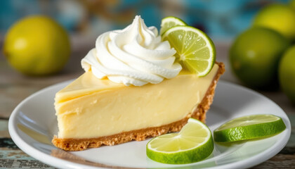 Slice of creamy lemon cheesecake topped with whipped cream and lime slices on white plate, with whole limes in background, evoking fresh and tangy dessert experience